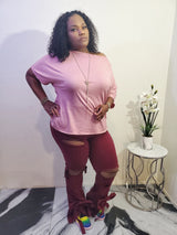 Burgundy Tie My Ankles Distressed Jeans