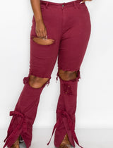 Burgundy Tie My Ankles Distressed Jeans