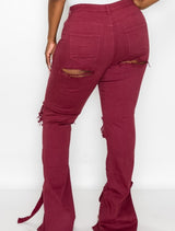 Burgundy Tie My Ankles Distressed Jeans